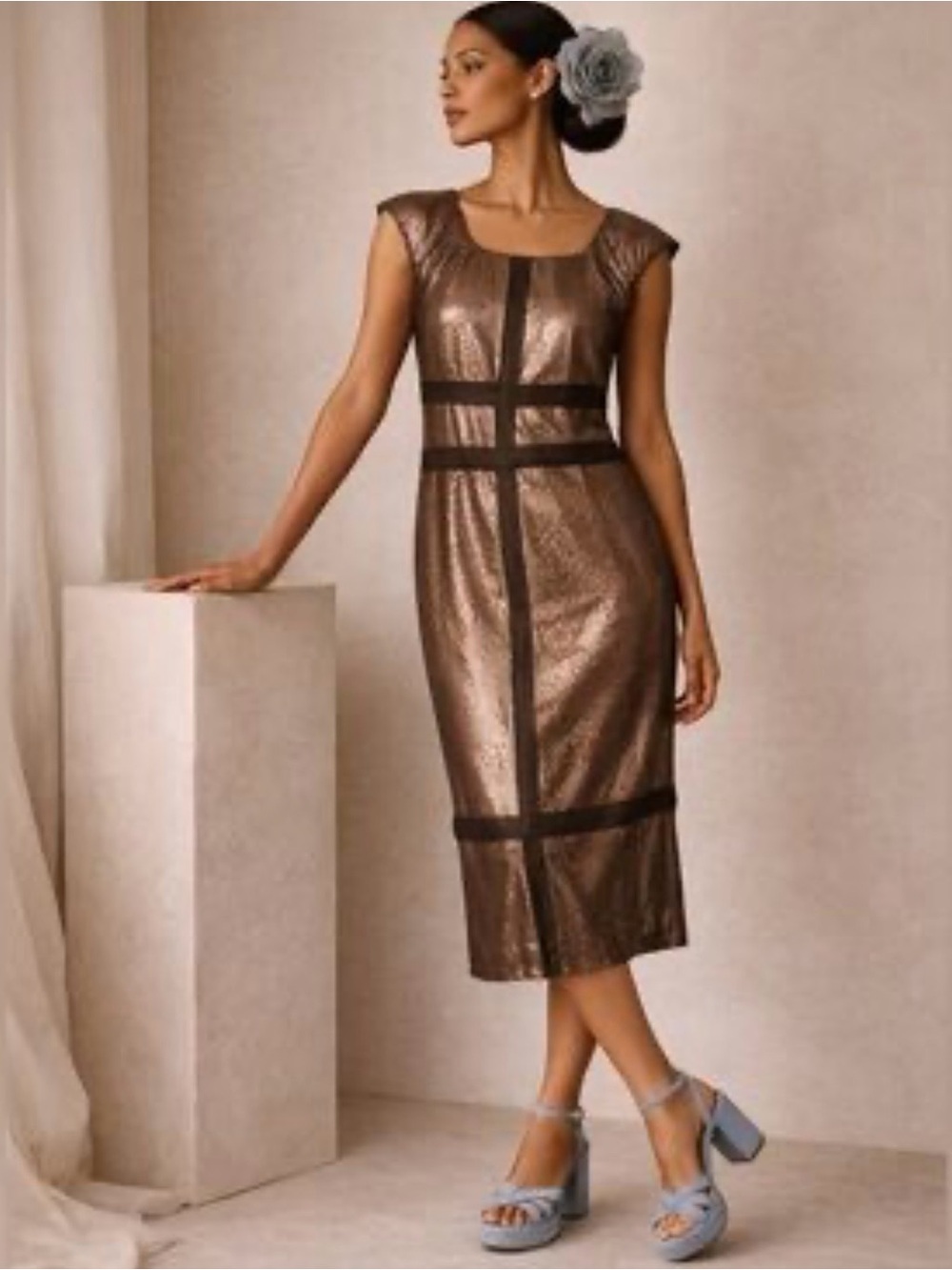 Robert Rodriguez Brown Rose Gold Sequent Dress